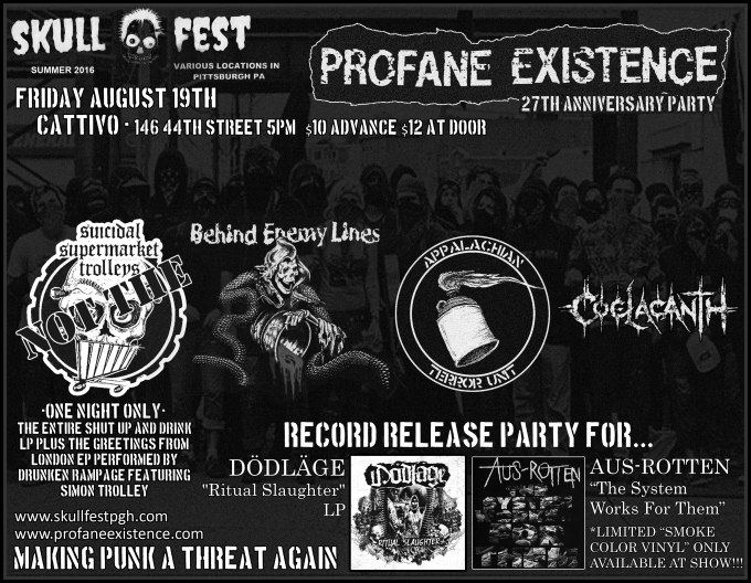 Flyer for PROFANE EXISTENCE 27th year anniversary party at SKULLFEST 8!